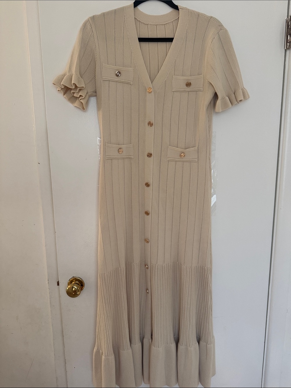 Commense Cream Button-Front Maxi Dress with Ruffle Hem - Picture 3 of 6